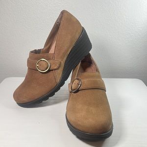 Dansko Womens Clio Wedge Slip-on Shoes Brown & Black Nubuck Leather Buckle Sz 38